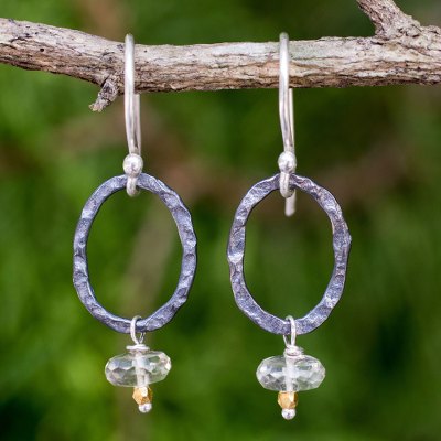 Prasiolite dangle earrings, 'Forged in Fire' - Hammered Silver Dangle Earrings with Faceted Prasiolite