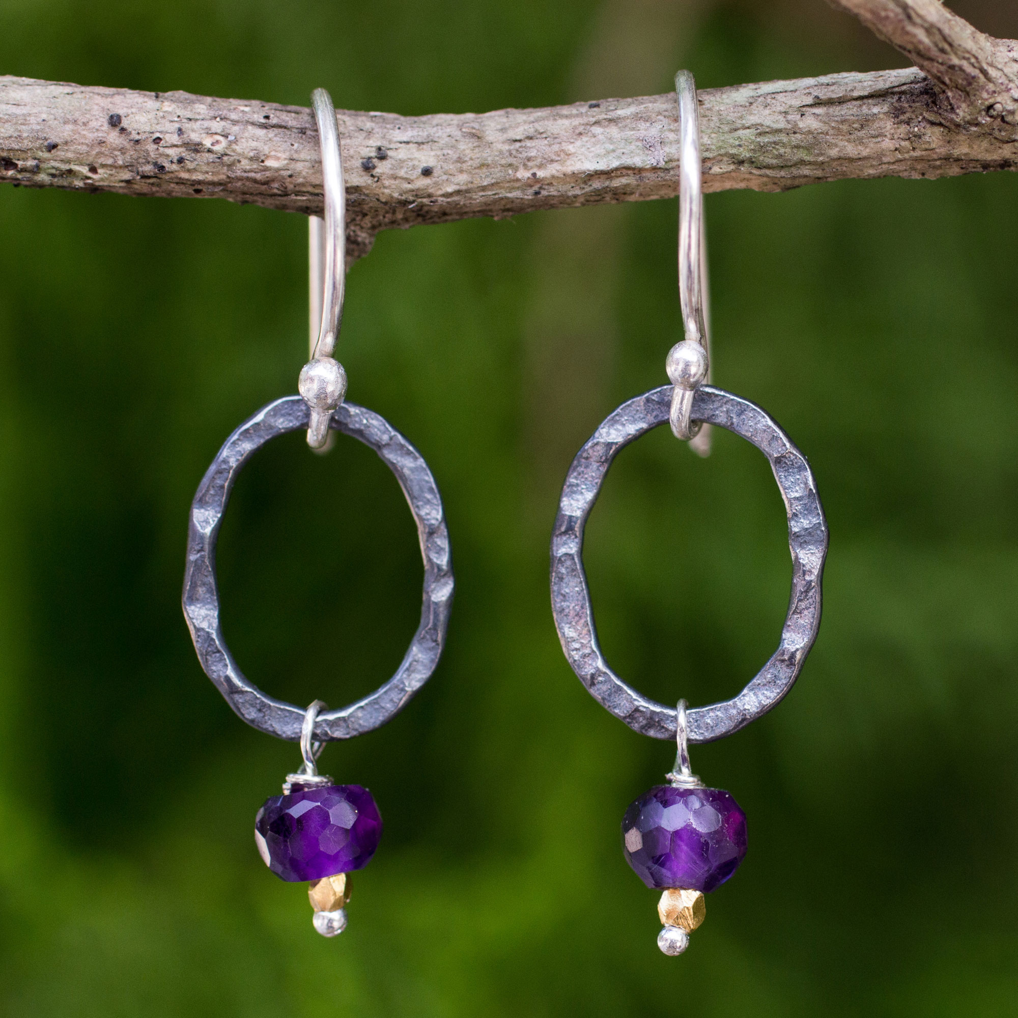 Hammered Small Hoop Earrings W/ Amethyst Charm 24k Gold over 925 Silve