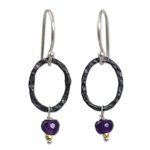 Amethyst dangle earrings, 'Forged in Wisdom' - Thai Hammered Silver and Amethyst Dangle Earrings