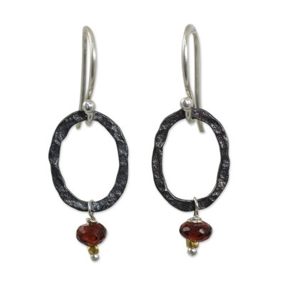 Garnet dangle earrings, 'Forged in Passion' - Garnet Dangle Earrings with Oxidized Silver and 24k Gold