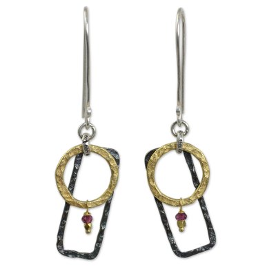 Gold plated garnet dangle earrings, 'Contrast' - Unique Gold Plated and Silver 925 Earrings with Garnets