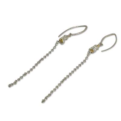 Aretes colgantes de plata esterlina con detalles dorados - Aretes colgantes de cadena larga en plata esterlina con detalles dorados