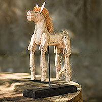 Wood sculpture, 'Beige Horse' - Artisan Crafted Wood Horse Sculpture with Antique Look