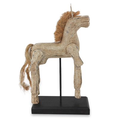 Wood sculpture, 'Beige Horse' - Artisan Crafted Wood Horse Sculpture with Antique Look