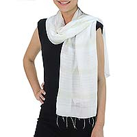 Silk and cotton scarf, 'Creamy White Harmony'