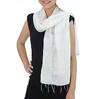 Silk and cotton scarf, 'Creamy White Harmony' - Hand Woven Cotton and Silk Blend Scarf from Thailand