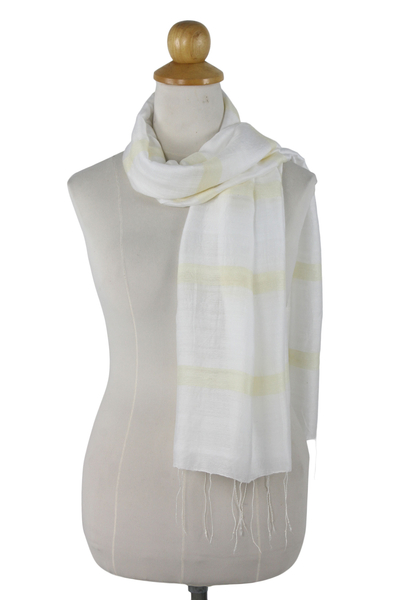 Silk and cotton scarf, 'Creamy White Harmony' - Hand Woven Cotton and Silk Blend Scarf from Thailand