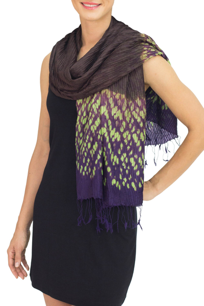Tie-dyed scarf, 'Brown Purple Kaleidoscopic' - Tie-dye Silk Rayon Scarf Crafted by Hand in Thailand