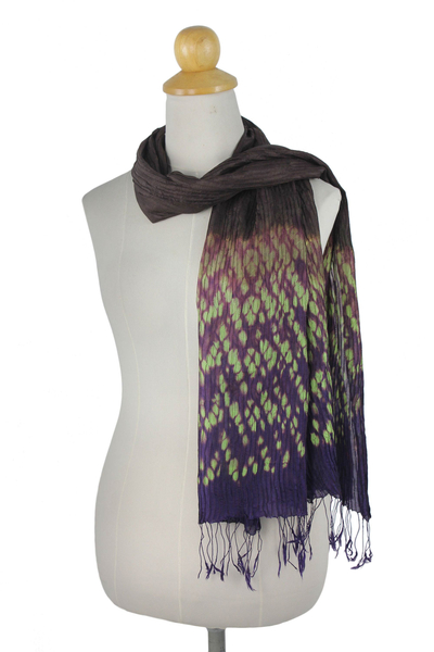 Tie-dyed scarf, 'Brown Purple Kaleidoscopic' - Tie-dye Silk Rayon Scarf Crafted by Hand in Thailand