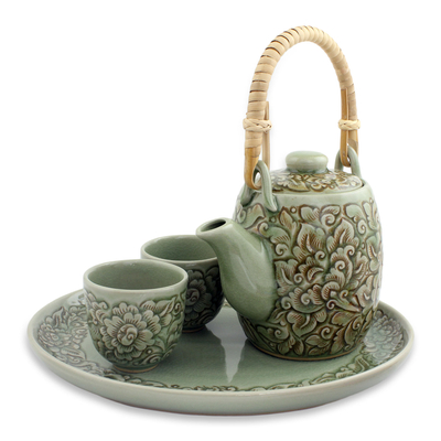 Celadon-Keramik-Teeservice, (Set für 2) - Thai Floral Celadon Keramik Teeservice (Set für 2)