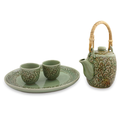 Celadon ceramic tea set, 'Thai Camellia in Brown' (set for 2) - Thai Floral Celadon Ceramic Tea Set (set for 2)
