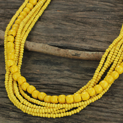 Wood beaded necklace, 'Island Dance' - Yellow Wood Bead Necklace Hand Crafted in Thailand