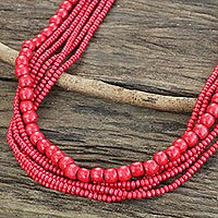 Wood beaded necklace, 'Cabana Dance' - Fair Trade Long Wood Beaded Necklace in Bright Red