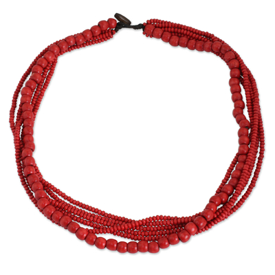 Fair Trade Long Wood Beaded Necklace in Bright Red