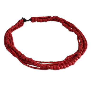 Wood beaded necklace, 'Cabana Dance' - Fair Trade Long Wood Beaded Necklace in Bright Red