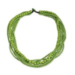 Wood beaded necklace, 'Oasis Dance' - Long Multi Strand Bright Green Beaded Wood Necklace
