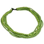 Wood beaded necklace, 'Oasis Dance' - Long Multi Strand Bright Green Beaded Wood Necklace