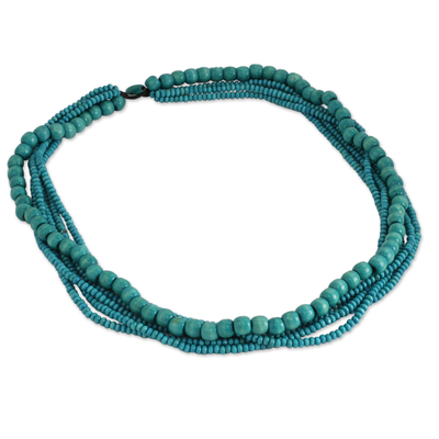 Wood beaded necklace, 'Bayou Dance' - Hand Crafted Necklace with Turquoise Blue Wood Beads