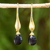 Gold vermeil onyx dangle earrings, 'Black Glamour'