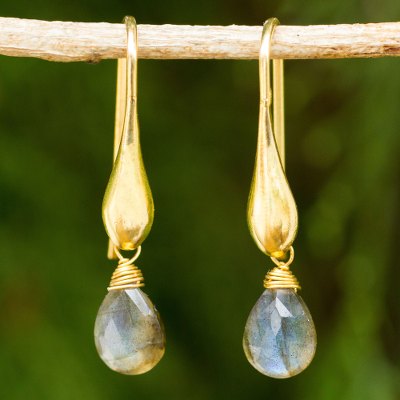 Gold vermeil labradorite dangle earrings, 'Mystical Glamour' - Labradorite Dangle Earrings in 24k Gold Vermeil