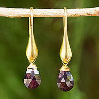 Gold vermeil garnet dangle earrings, 'Crimson Glamour' - Hand Made Dangle Earrings with 24k Gold Vermeil and Garnet