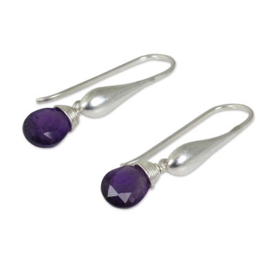 Amethyst dangle earrings, 'Sophisticated Purple' - Matte Finish Sterling Silver and Amethyst Dangle Earrings