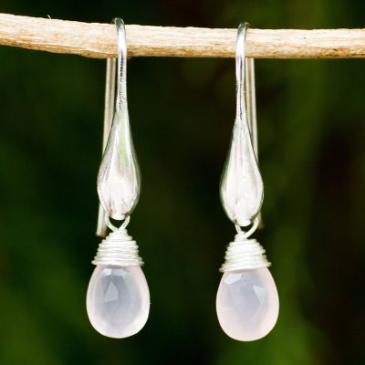 Rose quartz dangle earrings, 'Sophisticated Rose' - Artisan Crafted 925 Silver and Rose Quartz Dangle Earrings