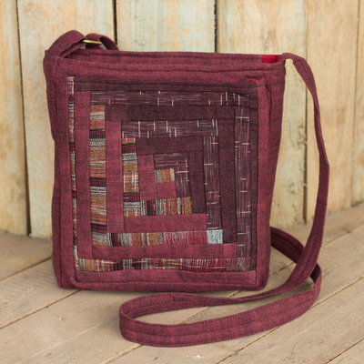 Umhängetasche aus Baumwolle - Umhängetasche aus roter Baumwolle mit Thai-Applikation und 3 Taschen
