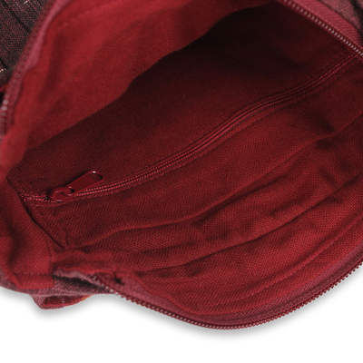 Bolso bandolera de algodón - Bolso de hombro de algodón rojo con aplicación tailandesa y 3 bolsillos