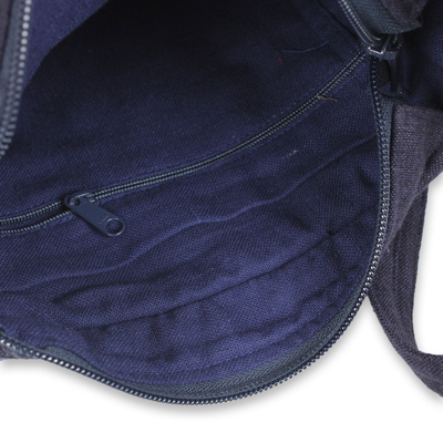 Cotton shoulder bag, 'Blue Siam' - Blue Cotton Thai Applique Shoulder Bag with 3 Pockets