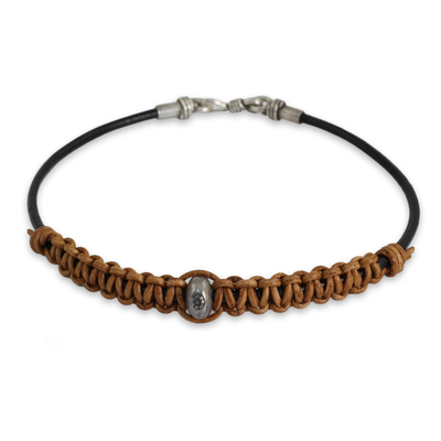Men's leather and silver bracelet, 'Tribal Paths' - Men's Brown Leather Bracelet Crafted by Hand with Silver