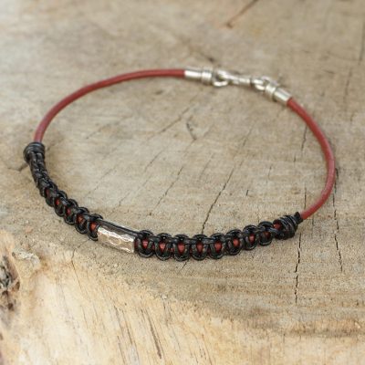 Men's leather and silver bracelet, 'Vintage Siam' - Black and Brown Men's Leather Bracelet with Silver
