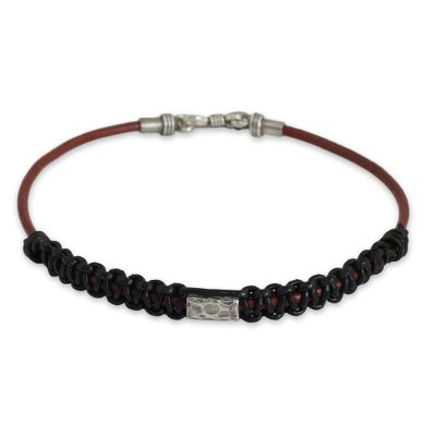 Men's leather and silver bracelet, 'Vintage Siam' - Black and Brown Men's Leather Bracelet with Silver