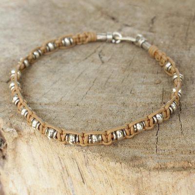 Men's leather and silver bracelet, 'Lanna Warrior' - Men's Silver and Tan Leather Hand Crafted Bracelet