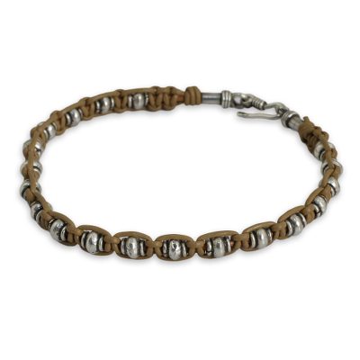 Men's leather and silver bracelet, 'Lanna Warrior' - Men's Silver and Tan Leather Hand Crafted Bracelet