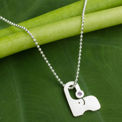 Amethyst pendant necklace, 'Playful Elephant' - Brushed Sterling Silver and Amethyst Elephant Necklace
