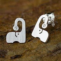 Sterling silver button earrings, 'Elephants Sparkle' - Thai Brushed Silver Elephant Button Earrings with CZ