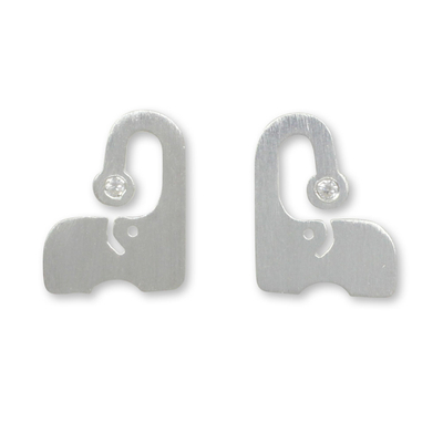 Sterling silver button earrings, 'Elephants Sparkle' - Thai Brushed Silver Elephant Button Earrings with CZ