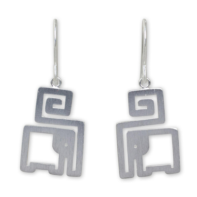 Sterling silver dangle earrings, 'Elephant in a Box' - Handmade Sterling Silver Modern Earrings with Elephant Theme