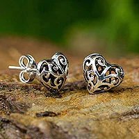 Sterling silver heart earrings, 'Filigree Love'