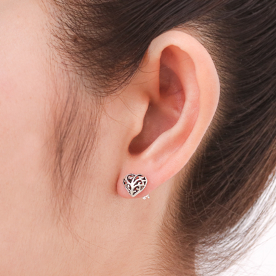Sterling silver heart earrings, 'Filigree Love' - Hand Crafted Sterling Silver Filigree Heart Post Earrings