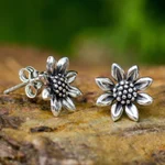 Sterling silver stud earrings, 'Sunflower Love' - Small Sterling Silver Sun Flower Post Earrings from Thailand