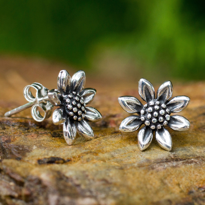 Sterling silver stud earrings, 'Sunflower Love' - Small Sterling Silver Sun Flower Post Earrings from Thailand