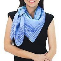 Silk scarf, 'Blue Plaid'