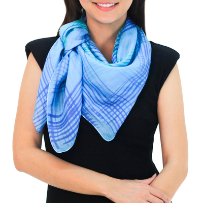 Silk scarf, 'Blue Plaid' - Thai Blue and Green Square 100% Silk Hand Dyed Scarf