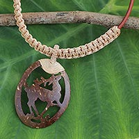 Leather and coconut shell pendant necklace, 'Happy Deer in Beige' - Coconut Shell Pendant on Hand Crafted Leather Necklace