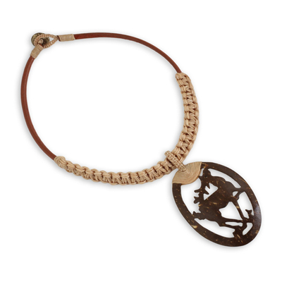 Halskette mit Anhänger aus Leder und Kokosnussschale - Kokosnussschalen-Anhänger an handgefertigter Lederhalskette