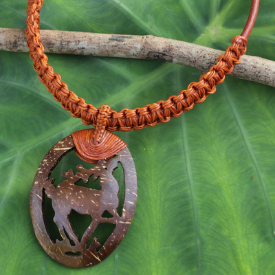 Leather and coconut shell pendant necklace, 'Happy Deer in Brown' - Artisan jewellery Coconut Shell and Leather Necklace