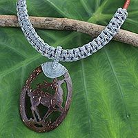 Leather and coconut shell pendant necklace, 'Happy Deer in Grey'