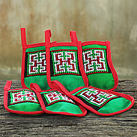 Hmong cotton blend ornaments, 'Christmas Joy' (set of 6) - 6 Hmong Hill Tribe Hand Embroidered Christmas Ornament Set
